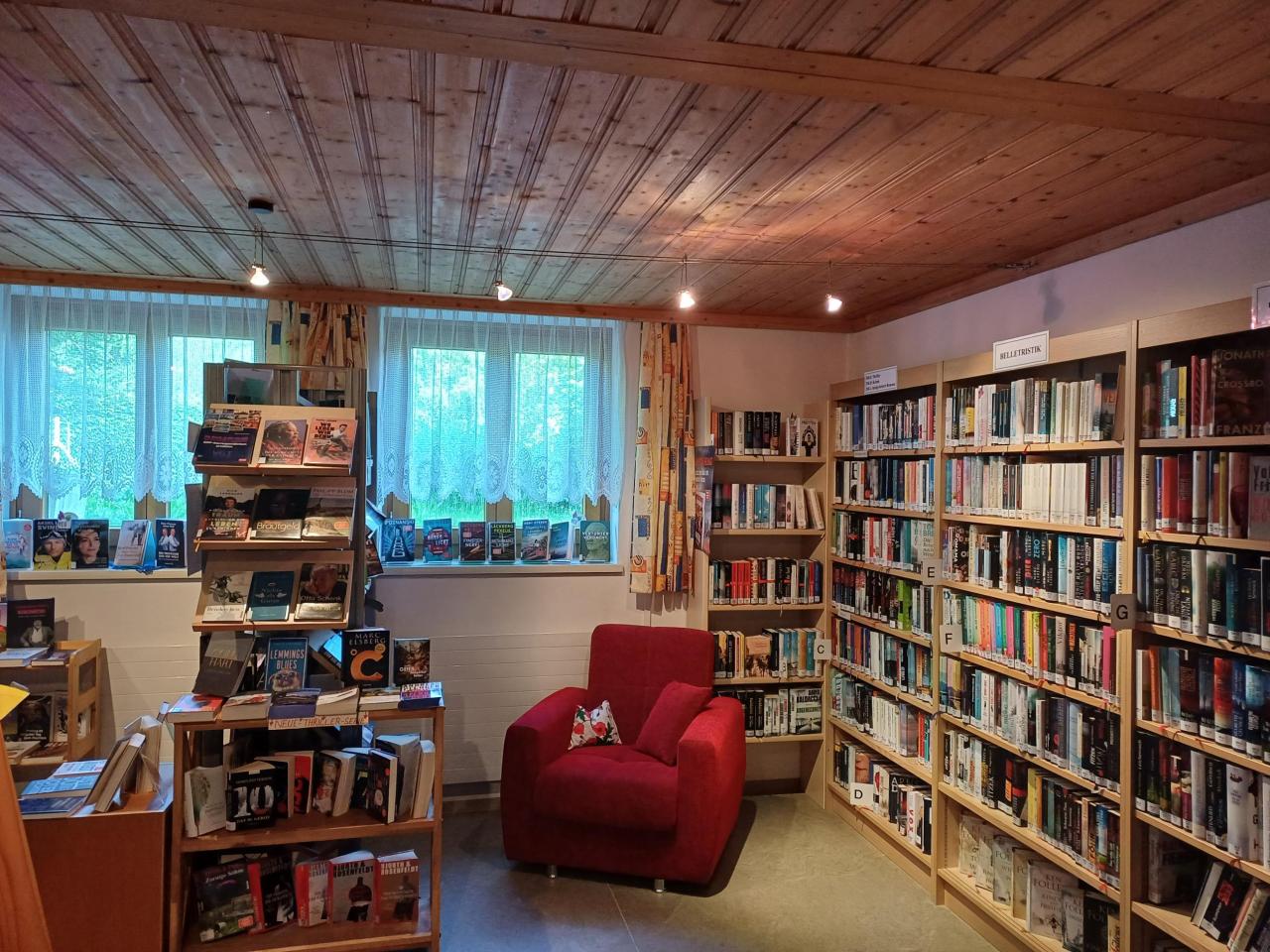 Gemütliche Leseecke einer Bibliothek. In der Mitte steht ein großer, roter Sessel zwischen zwei Fenstern und mit Büchern gefüllten Holzregalen.